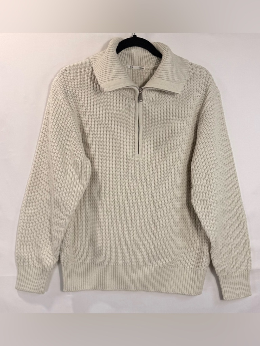 Women's Cream Half-Zip Ribbed Knit Turtleneck Sweater
